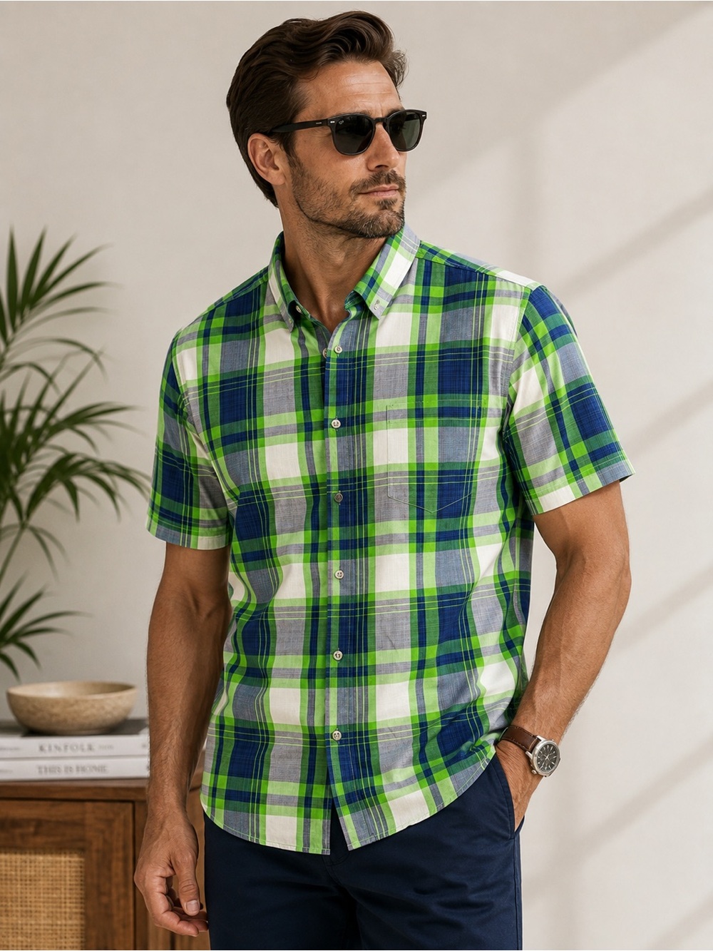 Hugo Boss Short-Sleeve Plaid Button-Down Shirt in Green & Blue